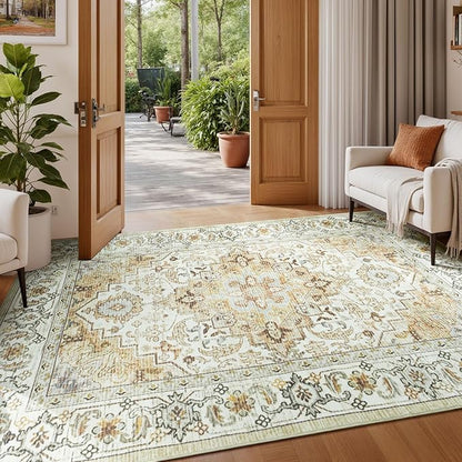 Lessymo 5x7 Area Rugs- Machine Washable Area Rugs, Super Soft Faux-Wool Area Rug for Living Room Bedroom, Boho Area Rug Vintage Floral Medallion Non-Slip Low Pile, Kid & Pet Friendly, Beige