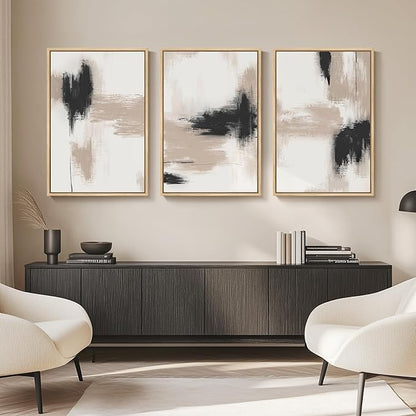 Large Framed Neutral Abstract Wall Art for Living Room, 3 Piece Modern Minimalist Canvas Prints Artwork for Walls, Extra Large Abstract Paintings for Dining Room Bedroom Hallway Wall Decor, 24x36 Inch