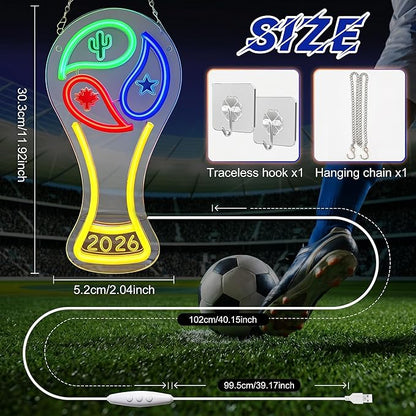 2026 Soccer World Cup Neon Signs - Dimmable LED Trophy Neon Lights with Hanging Chains & Hooks, 2 PCS Soccer Fan Wall Decor for Sports Bar, Man Cave, Game Room, Party Supplies