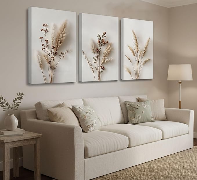 3Pcs Beige Neutral Floral Botanical Canvas Wall Art Modern Minimalist Beige Flower Plant Painting Wall Decor Poster Print Artwork for Living Room Bedroom Bathroom Home Decortion