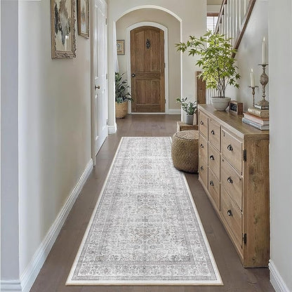 2'6"x8' Gray Runner Rug Hallway Non Slip Washable Area Rugs Kitchen Soft Vintage Boho Long Rug Distressed Floral Carpet Indoor Low Pile Throw Rug for Bedroom Bathroom Laundry Dining Living Room Office