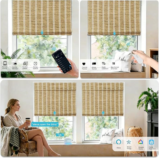Motorized Bamboo Roman Shades, Motorized Blinds with Remote Compatible with Homekit, Alexa GoogleHome, Smart Wood Woven Shades for Indoor Windows, Customize, Golden Verge