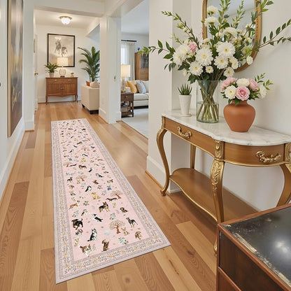 Floral Dog Runner Rug Pink Carpet Non-Slip, 2x10 Washable Rug Ultra-Thin Soft for Hallways, Kitchen Mat Stain Resistant for Entryway Bathroom (2 x 10, Pink)