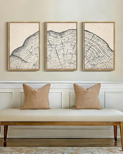 PHOPAGO Farmhouse Vintage Framed Wall Art Large 16x24in Set Gray Wood Tree Ring Spirals Nature Abstract Drawings Rustic Modern Art Decor for Living Room Bedroom - Natural Framed
