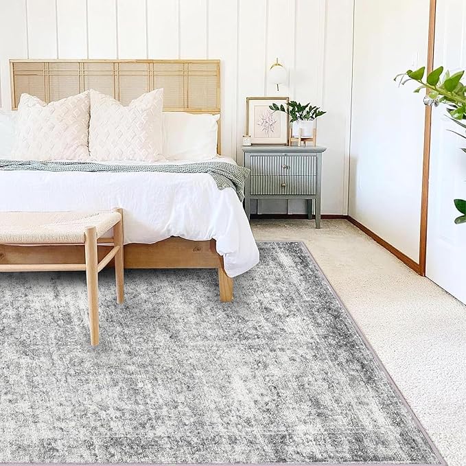 CHAMPLANT Area Rug 9x12 Washable Gray Vintage Traditional Mat Distressed Indoor Foldable Thin Retro Accent Floral Non Slip Carpet for Living Room Dining Room Office