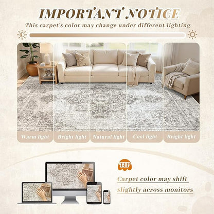 6x9 Area Rugs for Living Room, Washable Vintage Boho Medallion Rug Non Slip Low Pile Floor Carpet for Bedroom Nursery Dining Room (Taupe, 6'x9')