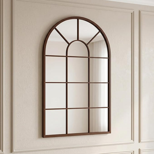 Brown Arched Windowpane Mirror 32x20 Inch, Bathroom Mirror Vanity Mirror for Wall, Boho Bedroom Decor, Vintage Hanging Mirror, Espejo de Pared