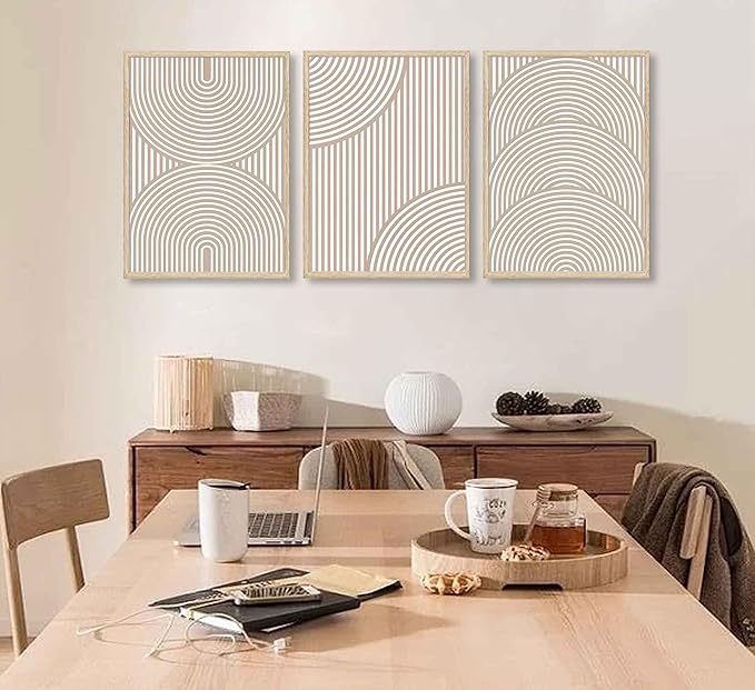 3Pcs Beige Neutral Wall Art Boho Minimalist Line Canvas Paintings Abstract Beige and White Line Wall Decor Mid Century Geometric Posters Prints for Living Room Bedroom Office Art Pictures Unframed