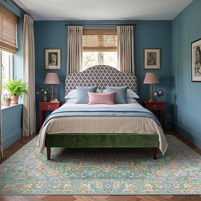 Kokia 8x10 Washable Turquoise Teal Area Rugs with Vintage Orient Design Soft Rug for Living Room or Bedroom Non-Slip Low Pile Stain Resistance Features Distressed Medallion Pattern