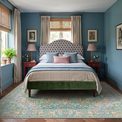 Kokia 8x10 Washable Turquoise Teal Area Rugs with Vintage Orient Design Soft Rug for Living Room or Bedroom Non-Slip Low Pile Stain Resistance Features Distressed Medallion Pattern