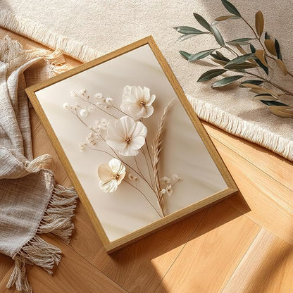 HLXRAE Minimalist Beige Floral Canvas Wall Art, Neutral Farmhouse Wall Decor, Wood Framed Vintage Botanical Poster Prints, Modern Flower Aesthetic Pictures for Bathroom Living Room Bedroom 16"x24"x3