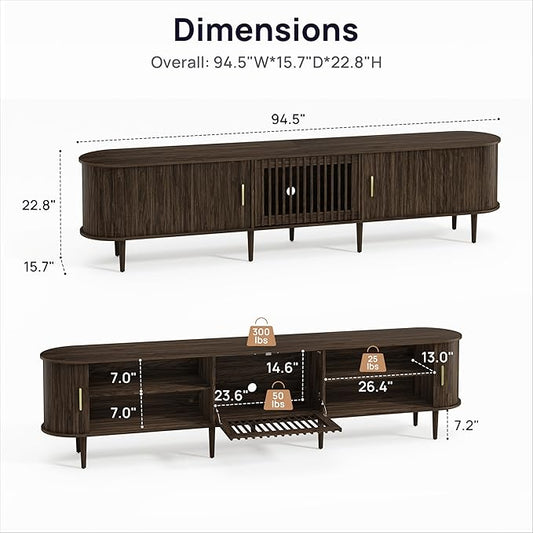 94.5" Fluted Mid Century Modern TV Stand for TVs Up to 80/85/86/90/98/100", Tambour Sliding Doors Entertainment Center with Storage&LED, Curved Media&TV Console Long TV Stands for Living Room, Walnut