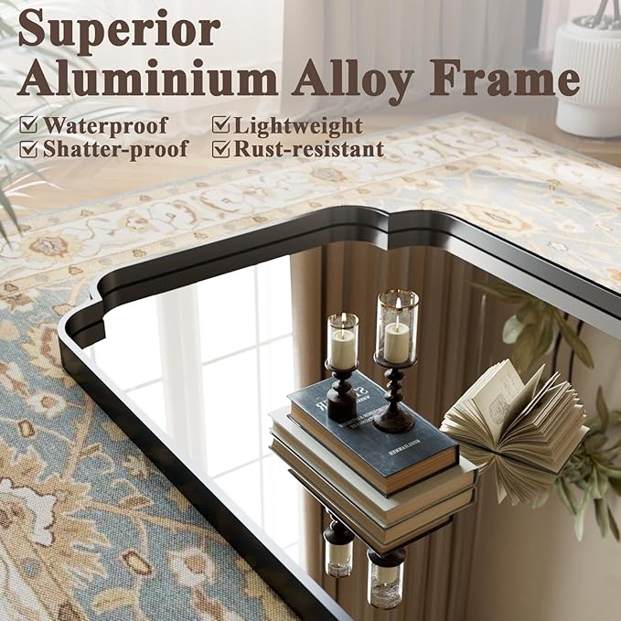 GLSLAND 20"x30" Petal Arch Bathroom Mirror – Modern Metal Frame Vanity Mirror with Scalloped Edge for Over Sink, Bedroom, Living Room, Entryway, Non-Rusting Decorative Wall Mirror, Black