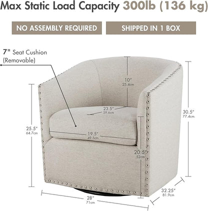 Madison Park Swivel Barrel Accent Chair, Upholstered Curved Back with 7-Inch Thick Woven Cushion, 360° Swivel, Nailhead Trim, Comfy Chair for Living Room, Bedroom, Office, 28" Wide, Neutral, Tyler