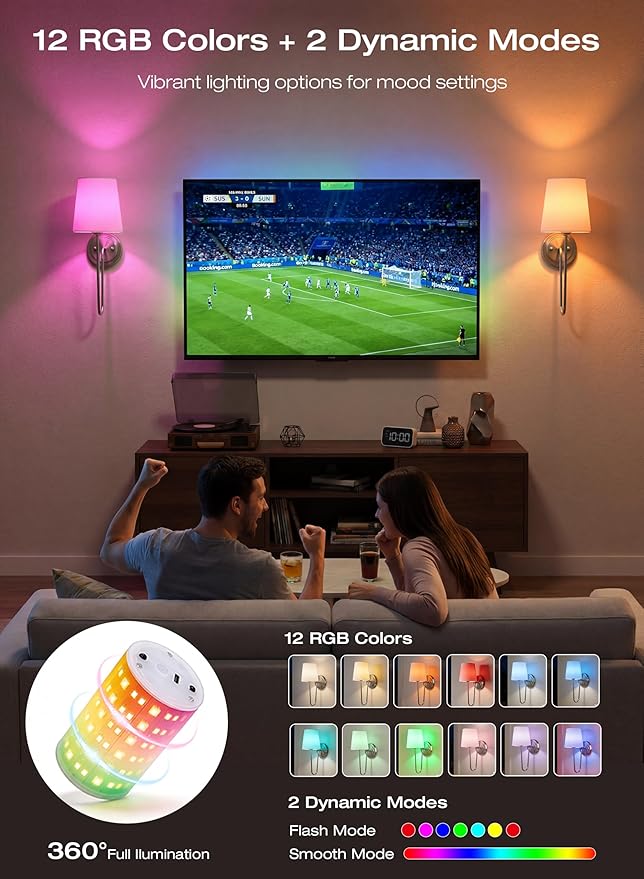 CLOUDY BAY 10000mAh Battery Operated Wall Sconces,Up to 100 Hours with Rechargeable RGB Dimmable Magnetic Bulb,Cordless Wall Lighting Fixtures with Remote for Bedroom,Brushed Nickel,2 Pack-15.4in
