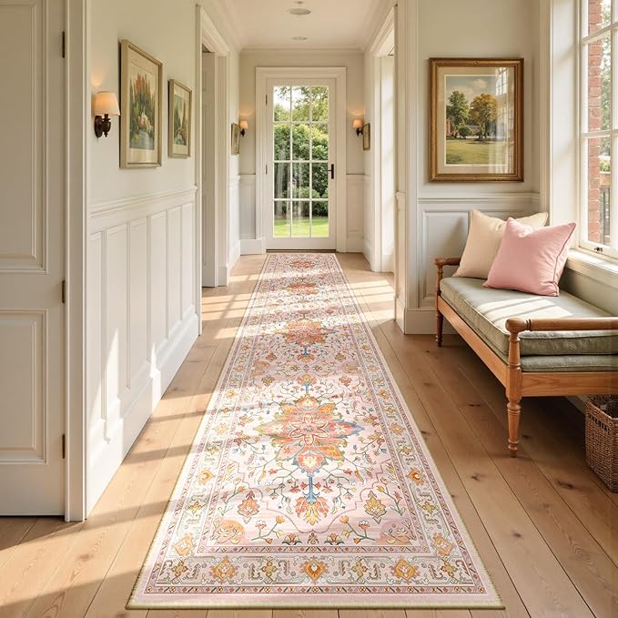 RELEANY Area Rugs 2'6"x14' Runner Rug Non Slip Washable for Kitchen Hallway Bedroom Beside Laundry Room Bathroom Rug, Floor Carpet, Light Pink Colorful