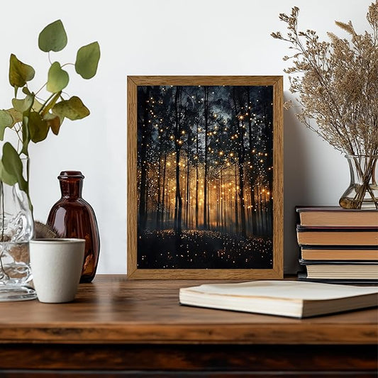 JLTULT Framed Enchanted Forest Firefly Canvas Wall Art, Dark Twilight Landscape Wall Decor, Rustic Botanical Nature Tree Art Prints for Bedroom Living Room Office Decoration 8x10 inch Easy to Hang