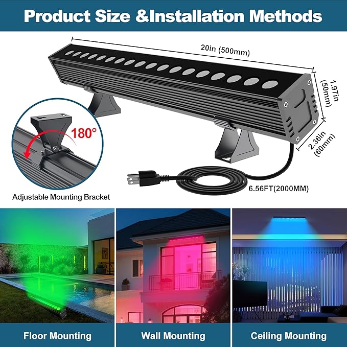 Smart Outdoor RGBCW LED Light Bar 20″, Color Changing Wall Washer with App & Remote Control, 2700K–6500K Tunable White Floodlight, IP65 RGB Stage/Porch Lights for House, Music Sync,