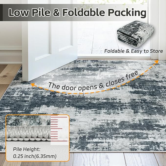 Area Rug 6x9 Living Room Rug Washable: No-Slip Abstract Soft Thin Large Black Rugs, Indoor Floor Stain Resistant Modern Carpet for Bedroom Dining Room Farmhouse Nursery Home Office (Black, 6'x9')