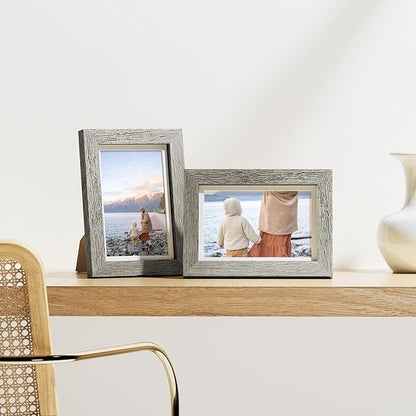 Vittanly 4x6 Picture Frames Set of 9, Shatter Resistant Plexiglass, Display 3.5x5 Pictures with Mat or 4x6 without Mat, Photo Frames for Wall or Tabletop, Engineered Wood, Grey
