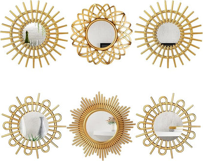 Namalu 6 Pcs Sunburst Mirror for Wall Decor, Small Circle Sun Espejos Decorative Mirror Hanging for Art Entryway Home Decor Bathroom Bedroom Living Room(Elegant,Gold)