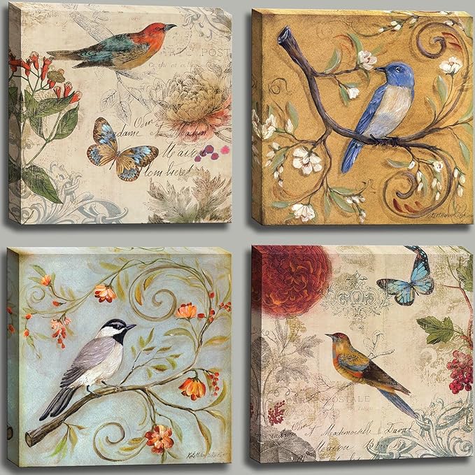 Flowers Birds Canvas Wall Art for Bedroom Floral Wall Decor Butterfly Picture Framed Artwork Vintage Prints Paintings for Bathroom Kitchen Decorations