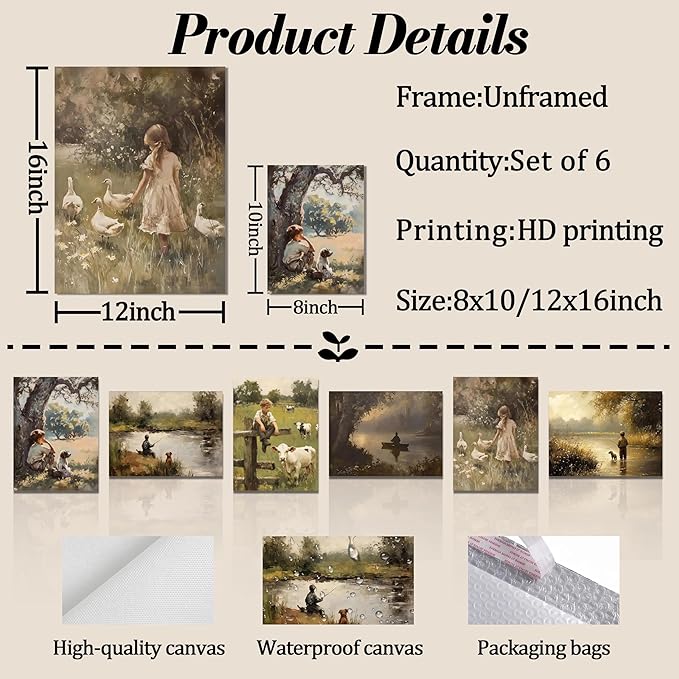 Vintage Countryside Wall Art Set of 6, Unframed Canvas Prints Rustic Farmhouse Nature Landscape Posters, Retro Children and Animal Painting Pictures for Living Room Bedroom Home Decor 8x10 Inch