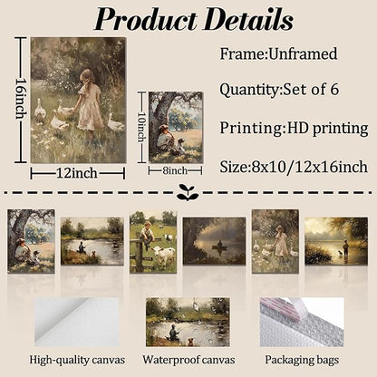 Vintage Countryside Wall Art Set of 6, Unframed Canvas Prints Rustic Farmhouse Nature Landscape Posters, Retro Children and Animal Painting Pictures for Living Room Bedroom Home Decor 8x10 Inch