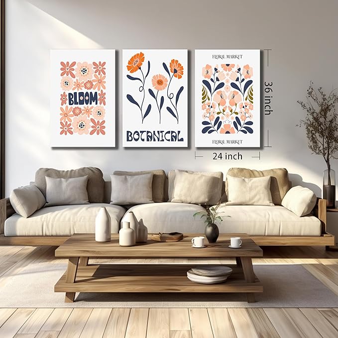 SKYRISE Floral Canvas Wall Art Set of 3, Rustic Botanical Canvas Paintings Prints ArtWork for Living Room, Vintage Flower Pictures for Farmhouse Dining Room Hallway Bedroom Wall Decor 24"x36"