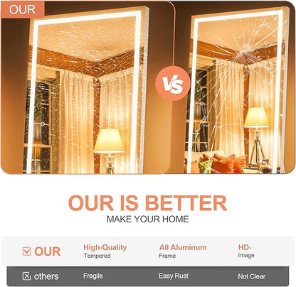 75" x 28" Full Length Mirror with Lights, LED Lighted Floor Standing Body Mirror, Dimmable & 3 Color Lighting for Bedroom, Cloakroom, Dressing Room, Tempered Glass, White Frame