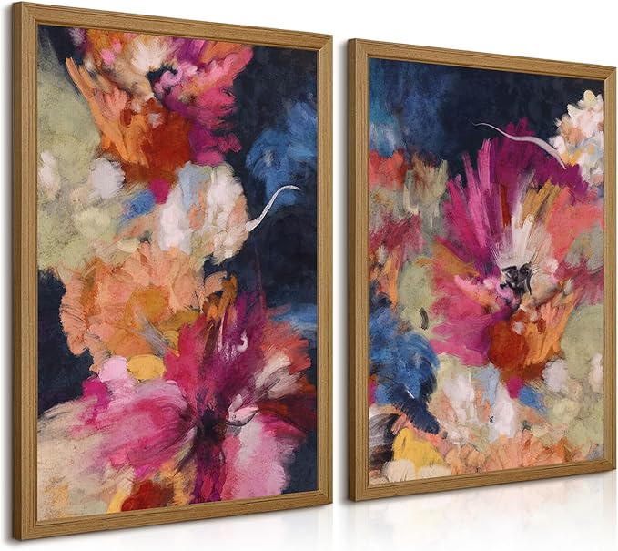 Colorful Abstract Wall Art Decor Modern Flower Canvas Wall Art Abstract Flower Pictures Painting Modern Colorful Artwork Posters Abstract Prints for Living Room Bedroom 12x16 Inch Framed Set of 2