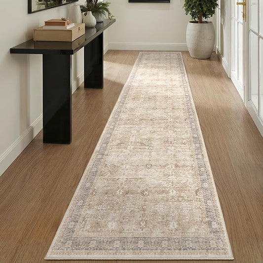 Beige 2x10 Rug Runners for Hallways Non Slip, Long Kitchen Runner Rugs Non Skid Washable, Vintage Farmhouse Neutral Low Pile Thine Carpet Runners for Entryway Corridor Mudroom Foyer