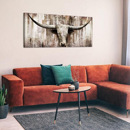 LevvArts Large Size Longhorn Cow Canvas Wall Art Western Cattle Painting Artwork Rustic Farmhouse Decorations Man Cave Home Office Decor 20"x48"