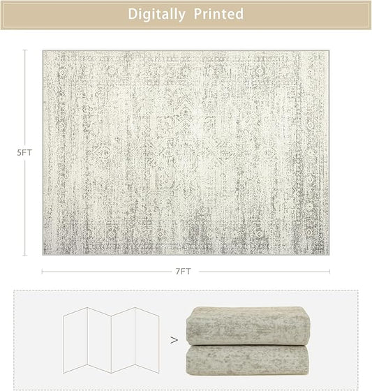 Srugn Washable Rugs 5x7 Area Rugs for Living Room,Bedroom,Dining Room- Large Ultra Soft Faux Wool Retro Carpets,Non Slip&Non-Shedding Low Pile Vintage Print Rug for Home Office Decor-Beige