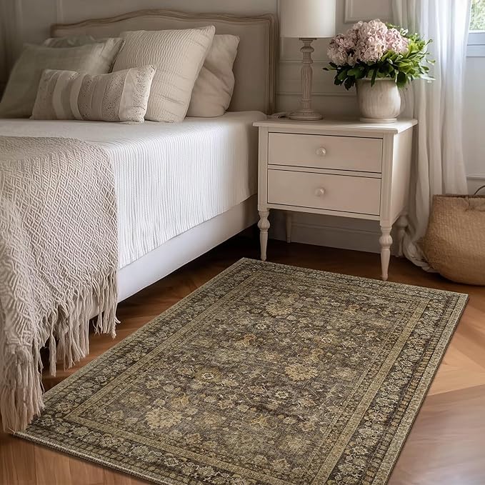 Washable 3x5 Entryway Rug, Boho Non-Slip Vintage Distress Small Rugs for Kitchen Nursery Office Bedroom, 0.3" Neutral Oriental Throw Thin Carpet with Cushioning Pad, Red/Brown/Multi, C4