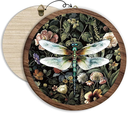 Xeqej Dragonfly Flower Boho Hanging Wall Decor, Vintage Dragonflies Round Wooden Wall Art, Farmhouse Insect Western Boho Decorations for Apartment Home Living Room Bedroom Bathroom Kitchen Office, 03
