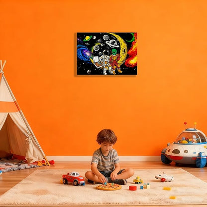 12x16 Space Astronaut Alien Pizza Party Canvas Wall Art Black Cosmic Prints Moon Planet Poster Home Framed Decor Kids Bedroom Fantasy Painting Teen Boy Room Funny Gift Picture Child Study Room Photo