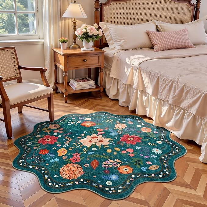 Macgace Dark Green Round Rug for Girls Bedroom, 4ft Machine Washable Floral Area Rugs with Non Slip Backing, Cute Flower Carpet Kitchen Living Room Kids Playroom Decor