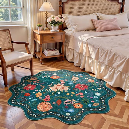 Macgace Dark Green Round Rug for Girls Bedroom, 4ft Machine Washable Floral Area Rugs with Non Slip Backing, Cute Flower Carpet Kitchen Living Room Kids Playroom Decor