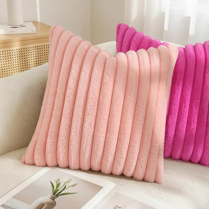 decorUhome Summer Cozy Faux Fur Throw Pillow Covers 16x16 Set of 2 Decorative Soft Plush Striped Modern Farmhouse Boho Couch Pillow Cases with Velvet Back for Sofa Bed Living Room, Hot Pink