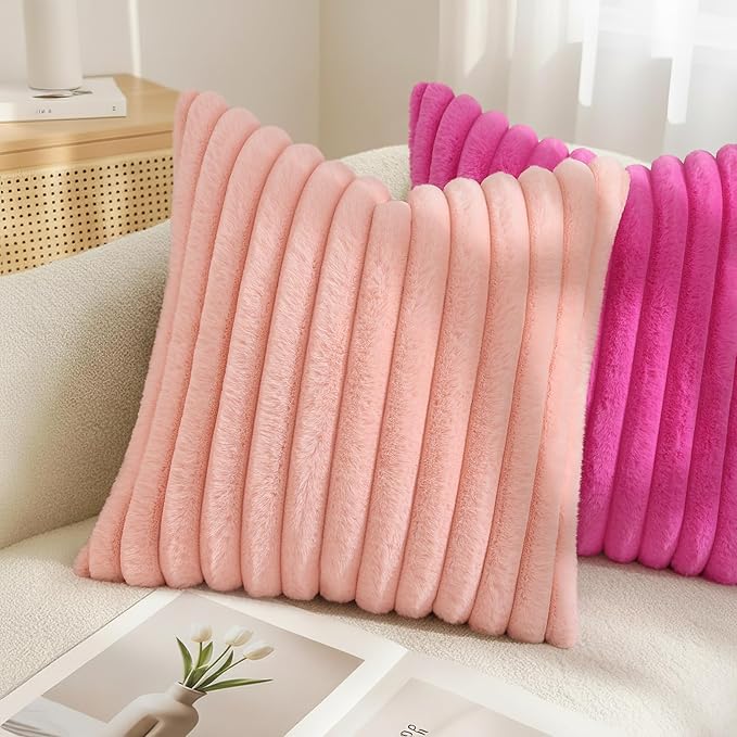 decorUhome Summer Cozy Faux Fur Throw Pillow Covers 26x26 Set of 2 Decorative Soft Plush Striped Modern Farmhouse Boho Couch Euro Sham Pillow Cases with Velvet Back for Sofa Bed Living Room, Hot Pink