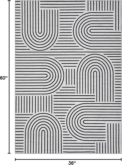 Washable Rug 3x5 Area Rugs for Living Room, Abstract Rug for Bedroom, Soft Rainbow Non Slip Throw Rugs with Rubber Back, Low Pile Stain Resistant Boho Geometric Carpet for Dining Room, Blackwhite