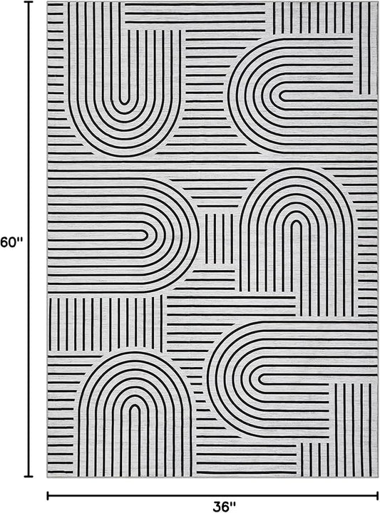 Washable Rug 3x5 Area Rugs for Living Room, Abstract Rug for Bedroom, Soft Rainbow Non Slip Throw Rugs with Rubber Back, Low Pile Stain Resistant Boho Geometric Carpet for Dining Room, Blackwhite