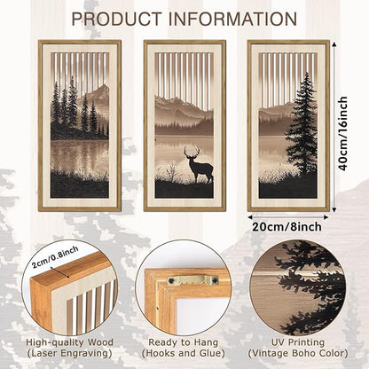 HPNIUB 3PCS Jungle Animals Wall Decor,Rustic Mountain Forest Wooden Sign for Living Room,Silhouette Abstract Deer Pine Tree Hanging Wood Plaque Wall Art Nature Wall Sculpture for Home Office(8x16Inch)