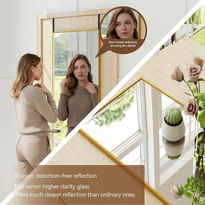 NARCISSUS 57x20 Mirror Door Hanging Full Length Body with Floor Stand or Wall Mounted Metal Aluminum Frame Tempered Glass Rectangle Mirrors for Bedroom Dressing Living Room Bathroom 57 inch Gold