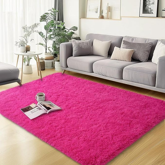 qulint Hot Pink Rugs for Bedroom Girls, 3x5 Area Rug Fluffy Shaggy Kids Rug Plush Shag Carpet for Living Room, Fuzzy Small Carpet for Nursery Solid Modern Alfombra Home Decor (3ft x 5ft, Hot Pink)