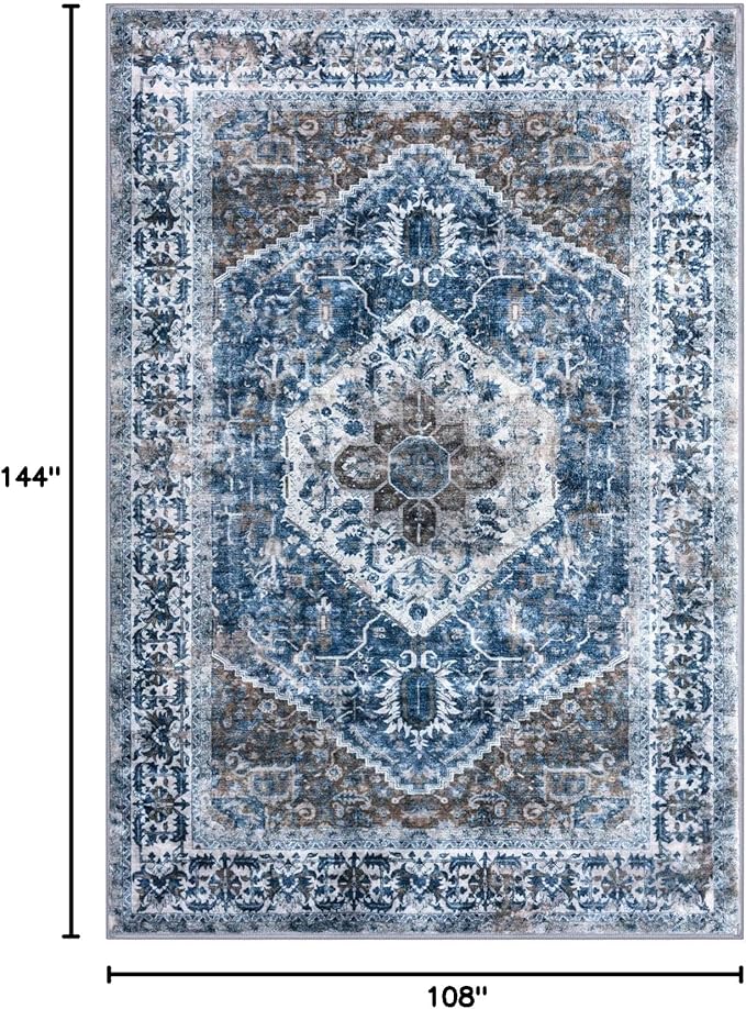 KOZYFLY Boho Area Rug 9x12 Ft Thin Rugs for Living Room Washable Bedroom Rug Non Slip Rugs for Living Room Blue Printed Faux Wool Vintage Bedroom Rug Floor Carpet for Dining Room