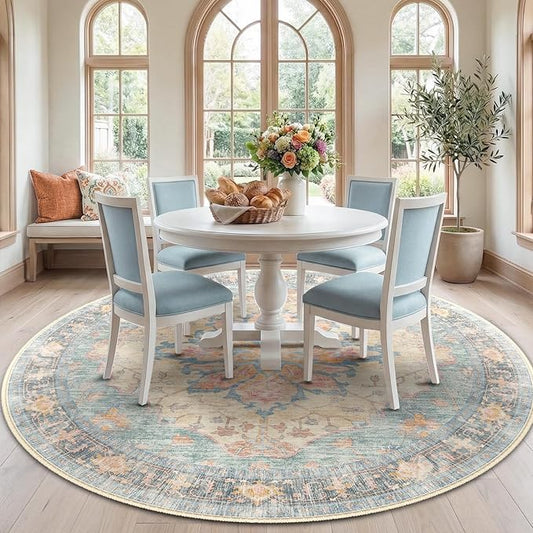 RELEANY Area Rugs Round 7ft Washable Non-Slip, Floral Vintage Distress Print Pattern Medallion Carpet for Living Room Bedroom Dining Room, Blue Orange Red