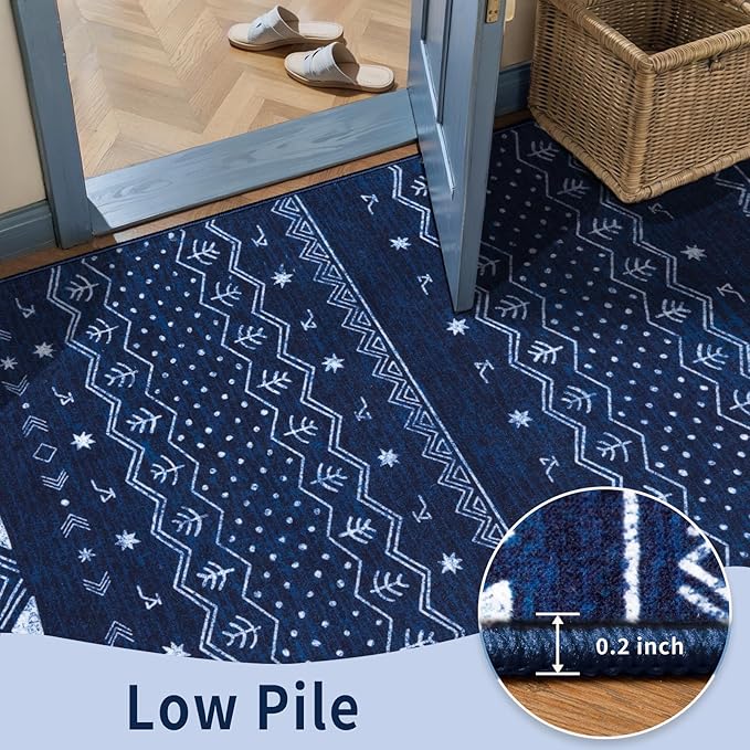 SERISSA 9x12 Area Rugs for Living Room, Washable Non-Slip Blue and White Boho Rug, Soft Low-Pile Geometric Indoor Large Carpet for Dining Room Bedroom Home Office Playroom