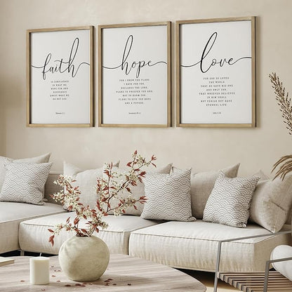 Houmury 3PCS Framed Faith Hope Love Bible Verses Wall Art Farmhouse Religious Quotes Wall Decor Inspirational Wall Art (Brown, 16"x24")